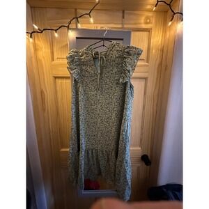 Fashion Sage Green Floral Ruffle Cap Sleeve Tiered Mini Dress Small New
